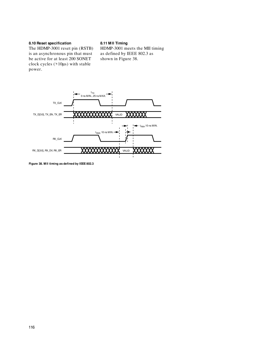 Agilent Technologies HDMP-3001 manual Reset specification, MII Timing 