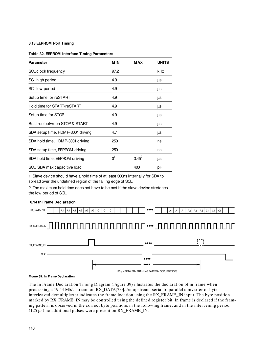 Agilent Technologies HDMP-3001 Eeprom Port Timing Eeprom Interface Timing Parameters, MIN MAX Units, Frame Declaration 