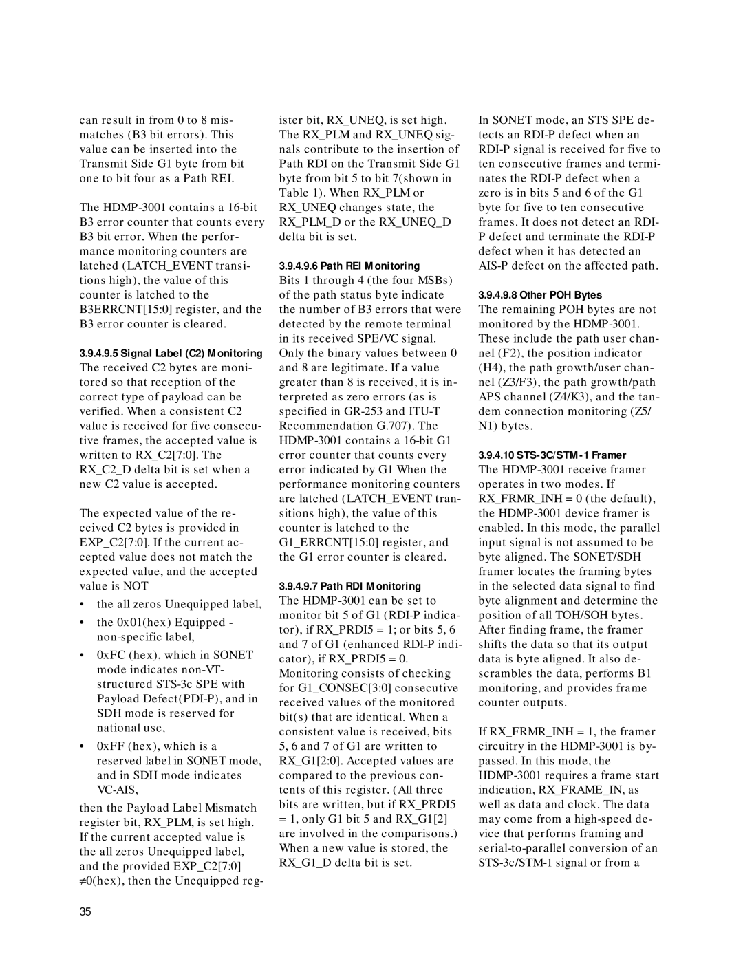 Agilent Technologies HDMP-3001 manual Path REI Monitoring, Path RDI Monitoring, STS-3C/STM-1 Framer 