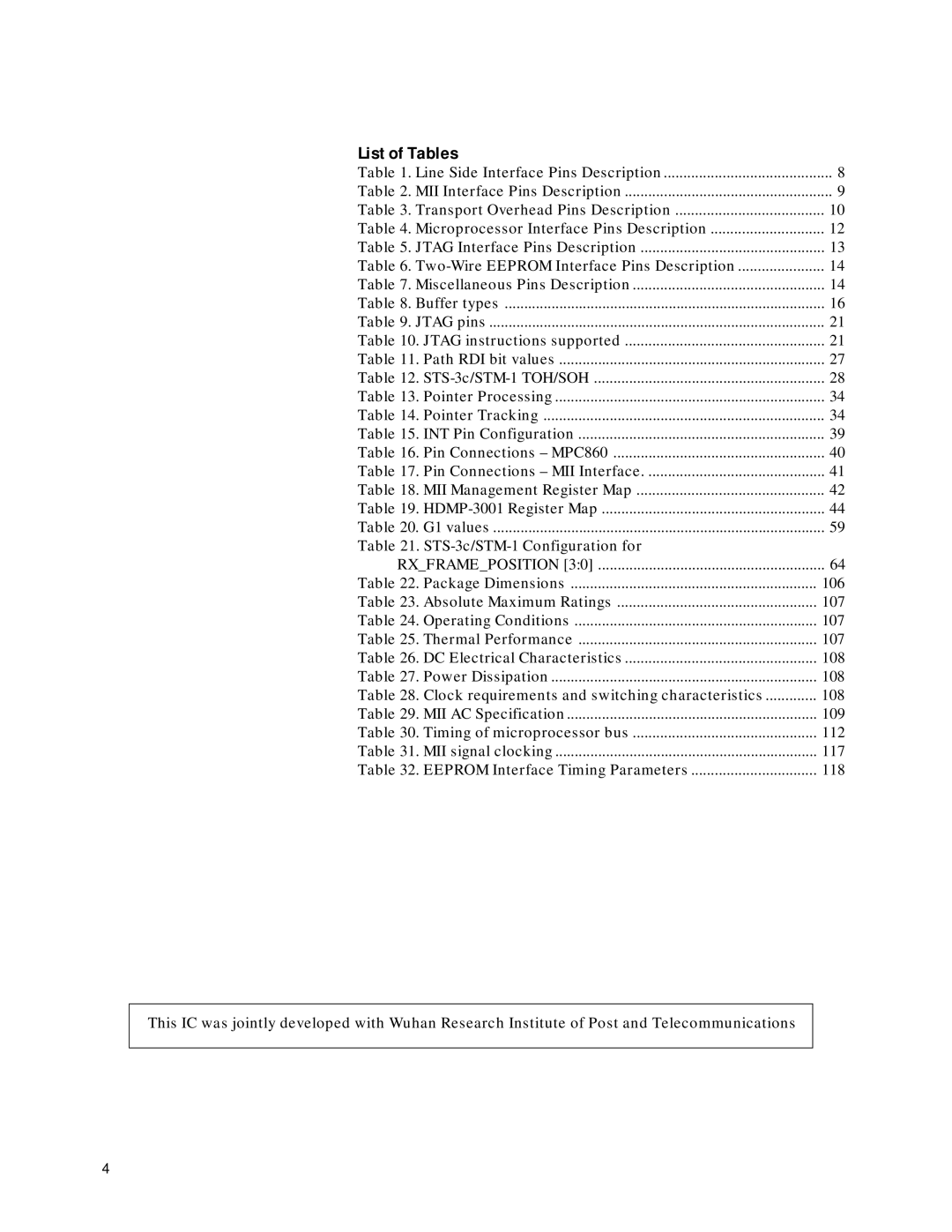 Agilent Technologies HDMP-3001 manual List of Tables, STS-3c/STM-1 Configuration for 