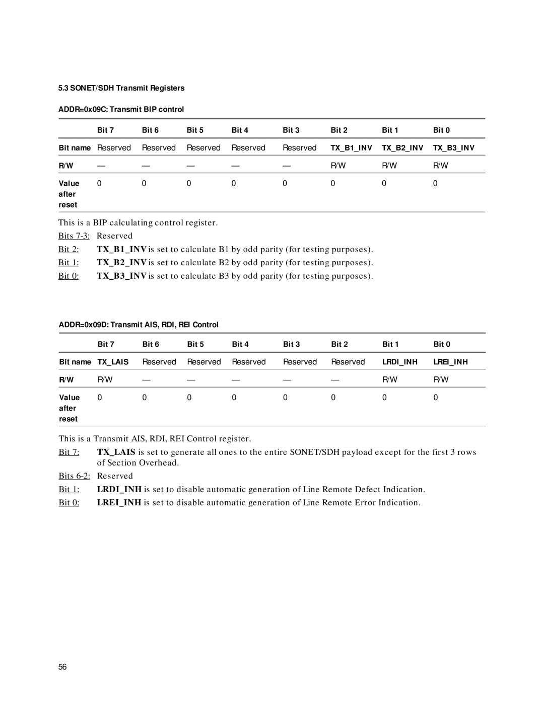 Agilent Technologies HDMP-3001 manual TXB1INV TXB2INV TXB3INV, ADDR=0x09D Transmit AIS, RDI, REI Control Bit, Txlais 
