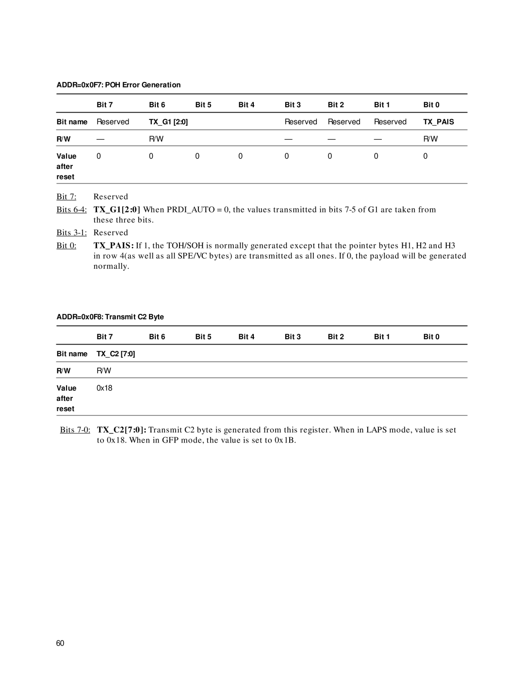 Agilent Technologies HDMP-3001 ADDR=0x0F7 POH Error Generation Bit, Txpais, ADDR=0x0F8 Transmit C2 Byte Bit Bit name TXC2 