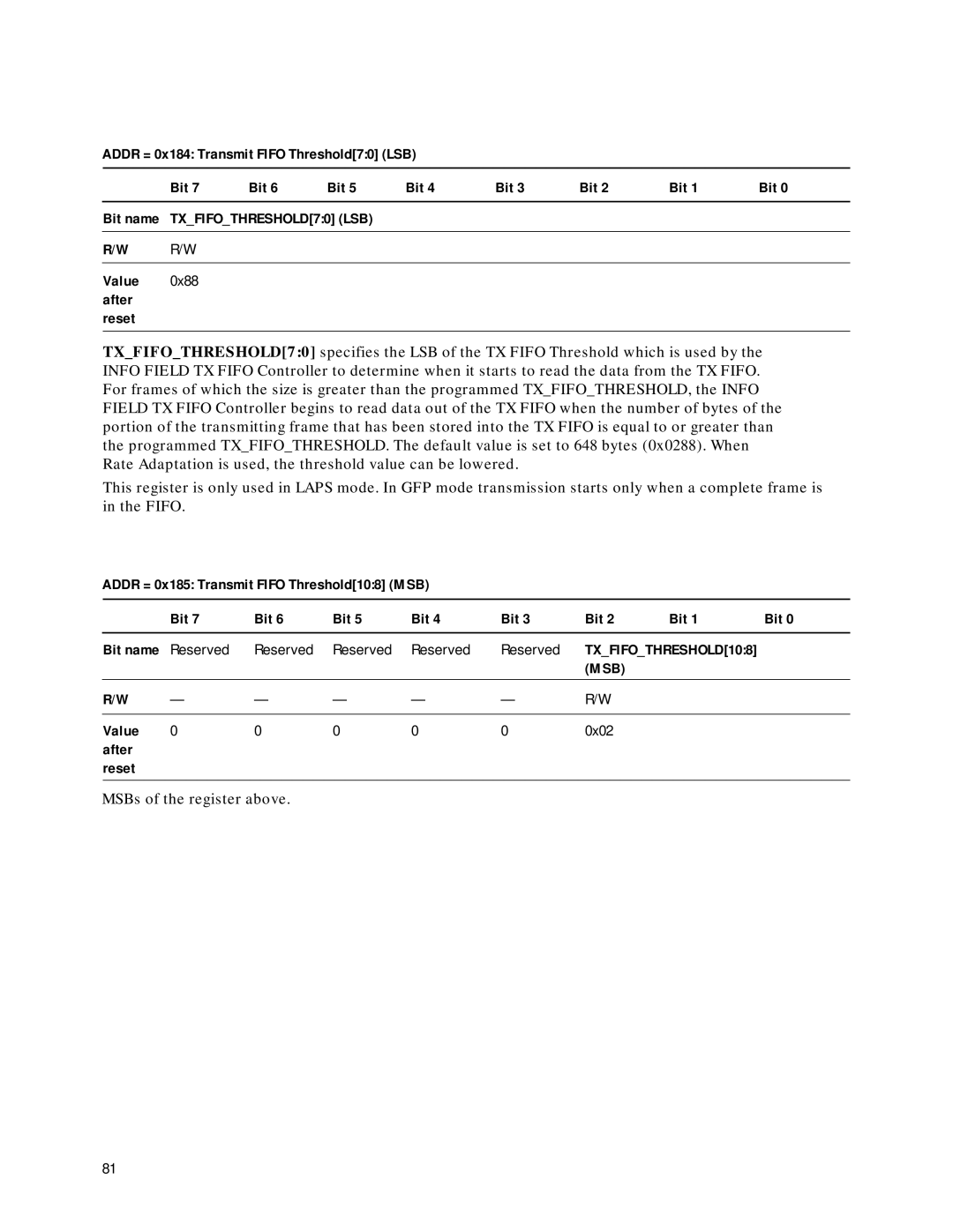 Agilent Technologies HDMP-3001 manual Value 0x88 after Reset, Addr = 0x185 Transmit Fifo Threshold108 MSB Bit, Msb 