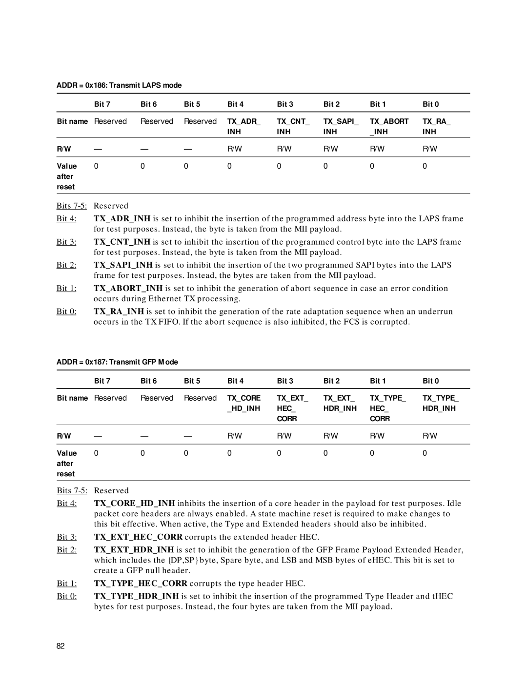 Agilent Technologies HDMP-3001 Addr = 0x186 Transmit Laps mode Bit, Txadr Txcnt Txsapi Txabort Txra INH, Bits Reserved 