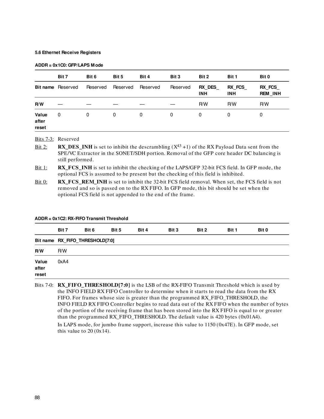 Agilent Technologies HDMP-3001 manual Ethernet Receive Registers Addr = 0x1C0 GFP/LAPS Mode Bit, Rxdes Rxfcs INH Reminh 