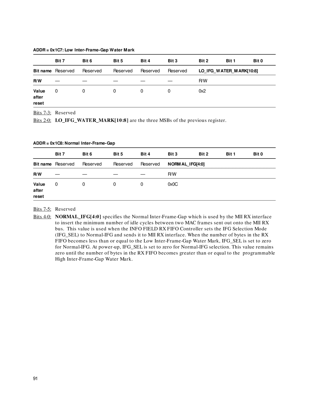 Agilent Technologies HDMP-3001 manual Addr = 0x1C7 Low Inter-Frame-Gap Water Mark Bit, LOIFGWATERMARK108, NORMALIFG40 