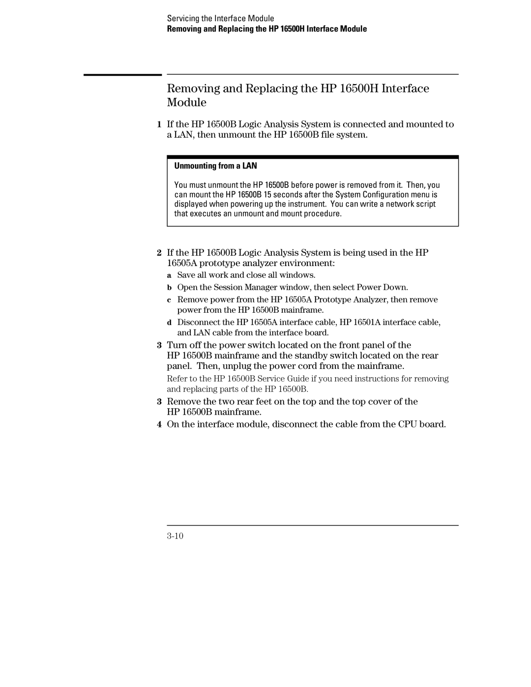 Agilent Technologies HP 16505A, HP 16500B manual Removing and Replacing the HP 16500H Interface Module 