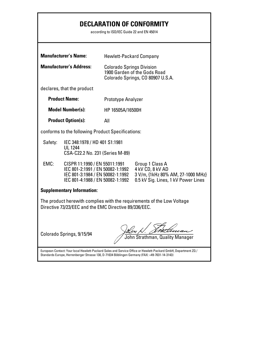 Agilent Technologies HP 16500B, HP 16505A, HP 16500H manual Declaration of Conformity 