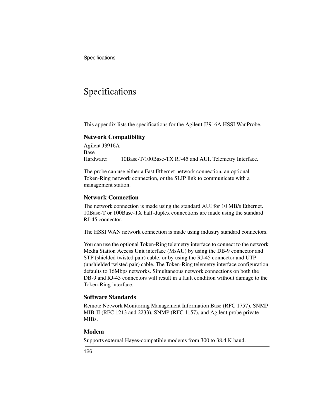 Agilent Technologies J3916A manual Network Compatibility, Network Connection, Software Standards, Modem 