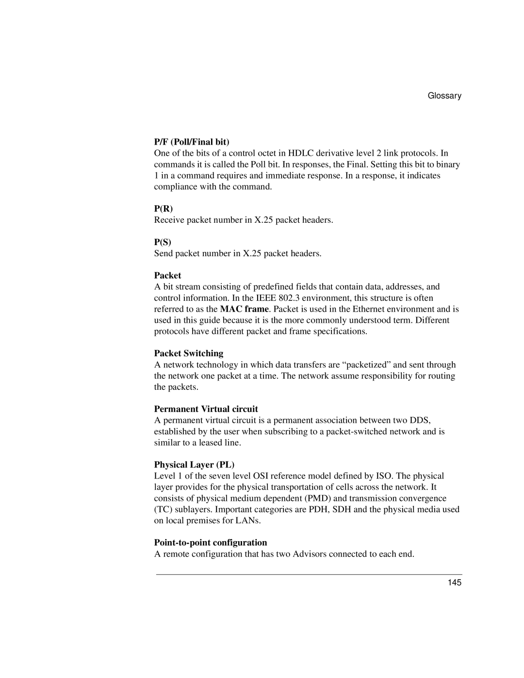 Agilent Technologies J3916A manual Poll/Final bit, Packet Switching, Permanent Virtual circuit, Physical Layer PL 