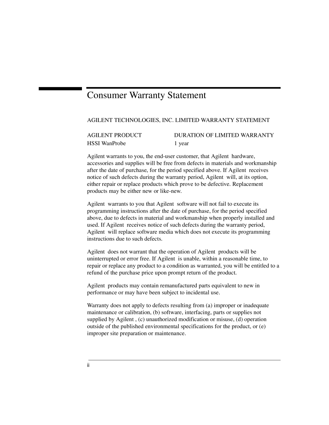 Agilent Technologies J3916A manual Consumer Warranty Statement 