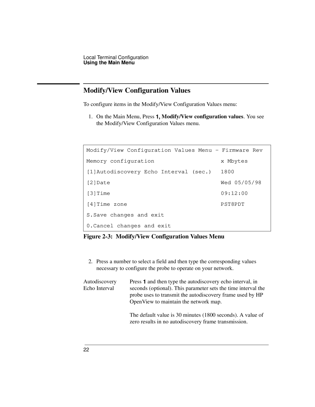 Agilent Technologies J3916A manual Modify/View Configuration Values Menu 