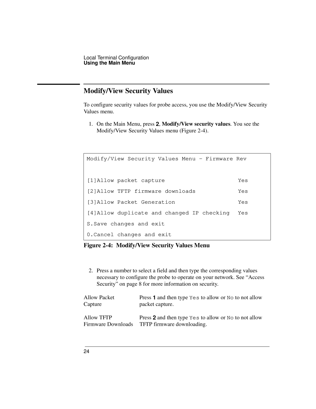 Agilent Technologies J3916A manual Modify/View Security Values Menu 