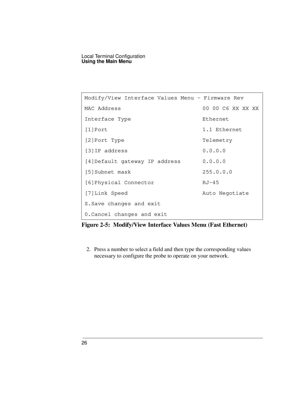 Agilent Technologies J3916A manual Modify/View Interface Values Menu Fast Ethernet 