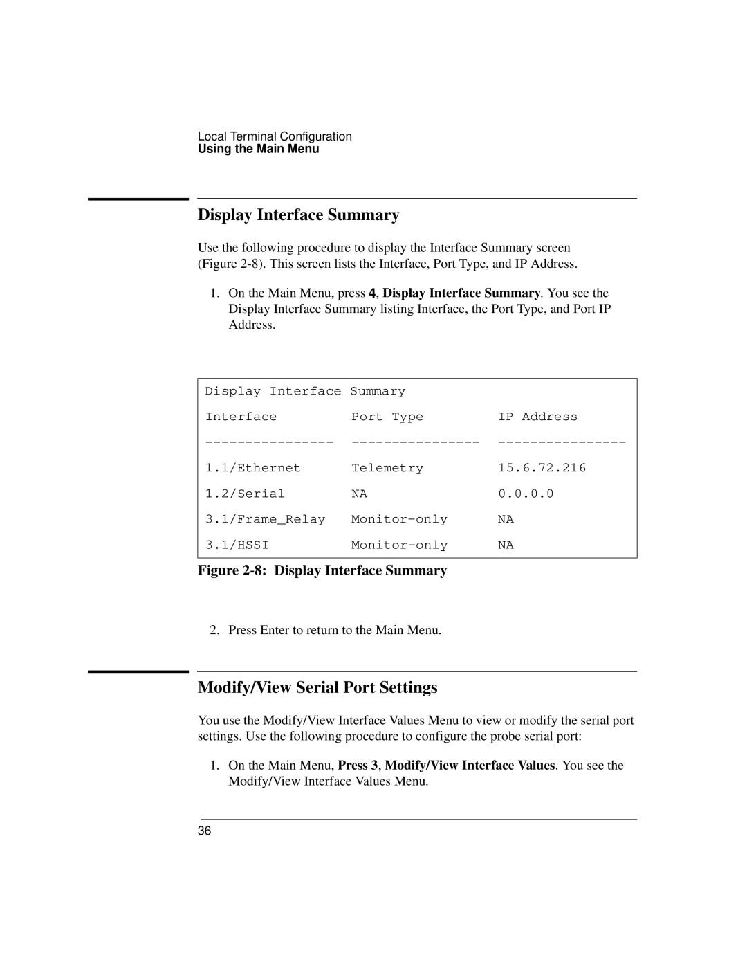 Agilent Technologies J3916A manual Display Interface Summary, Modify/View Serial Port Settings 