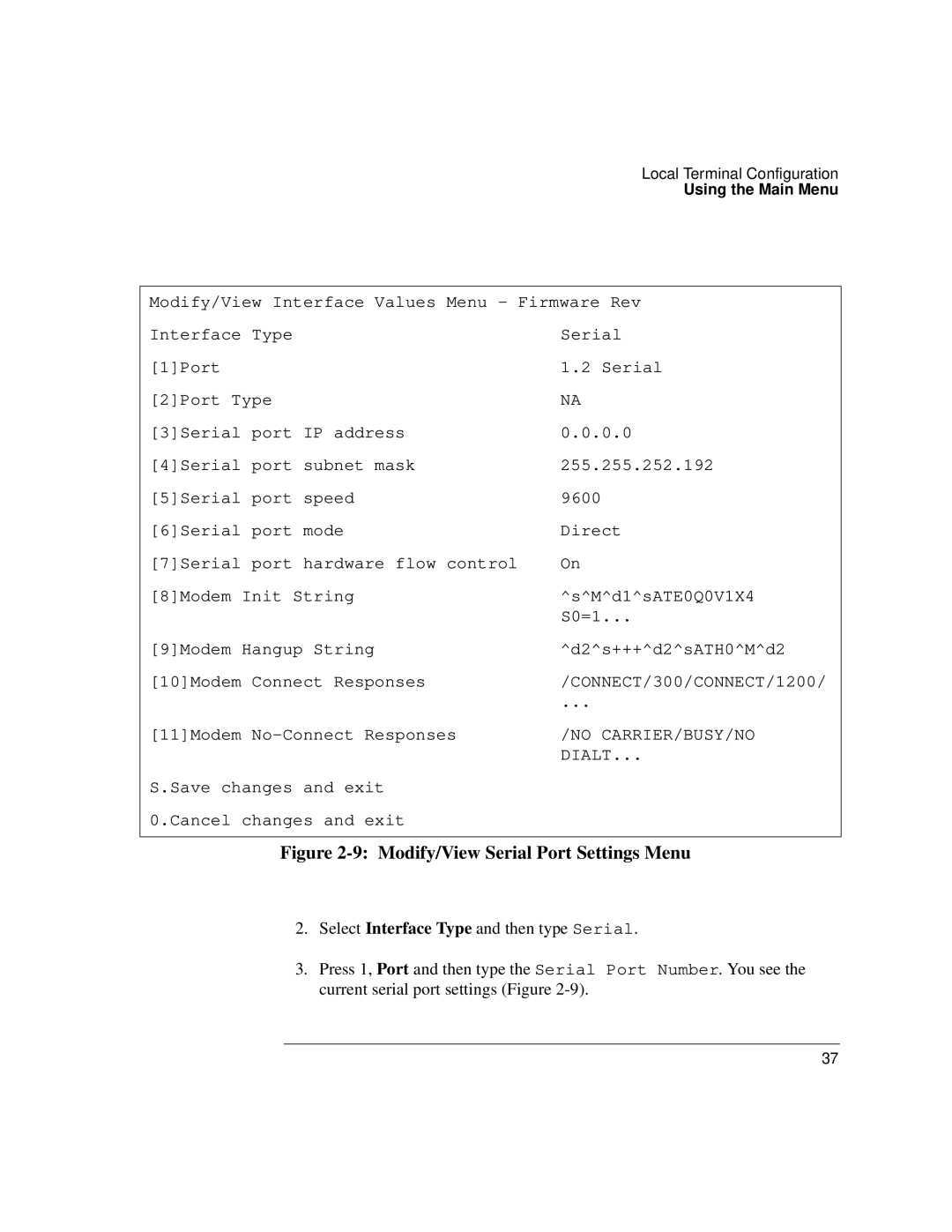 Agilent Technologies J3916A manual Modify/View Serial Port Settings Menu 