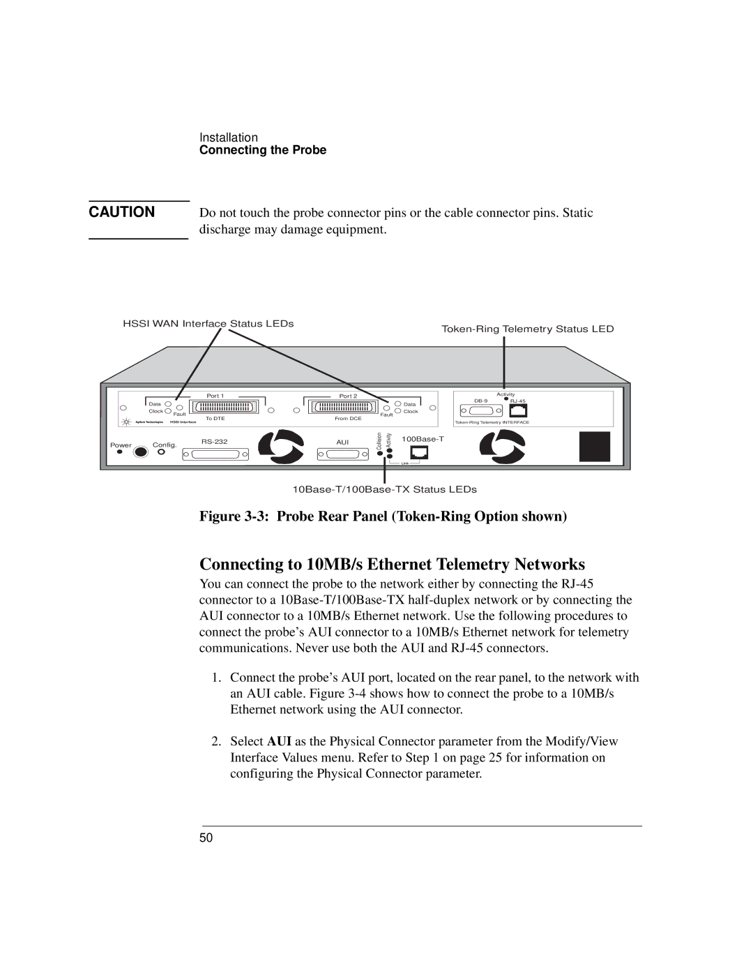 Agilent Technologies J3916A Connecting to 10MB/s Ethernet Telemetry Networks, Probe Rear Panel Token-Ring Option shown 