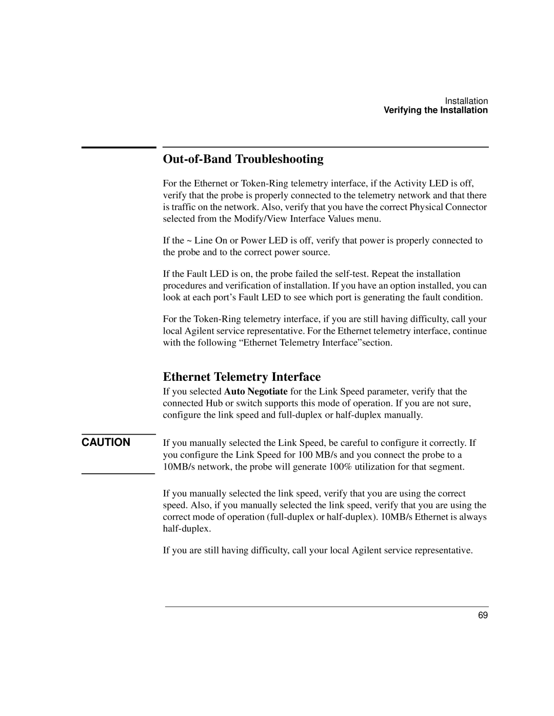 Agilent Technologies J3916A manual Out-of-Band Troubleshooting, Ethernet Telemetry Interface 