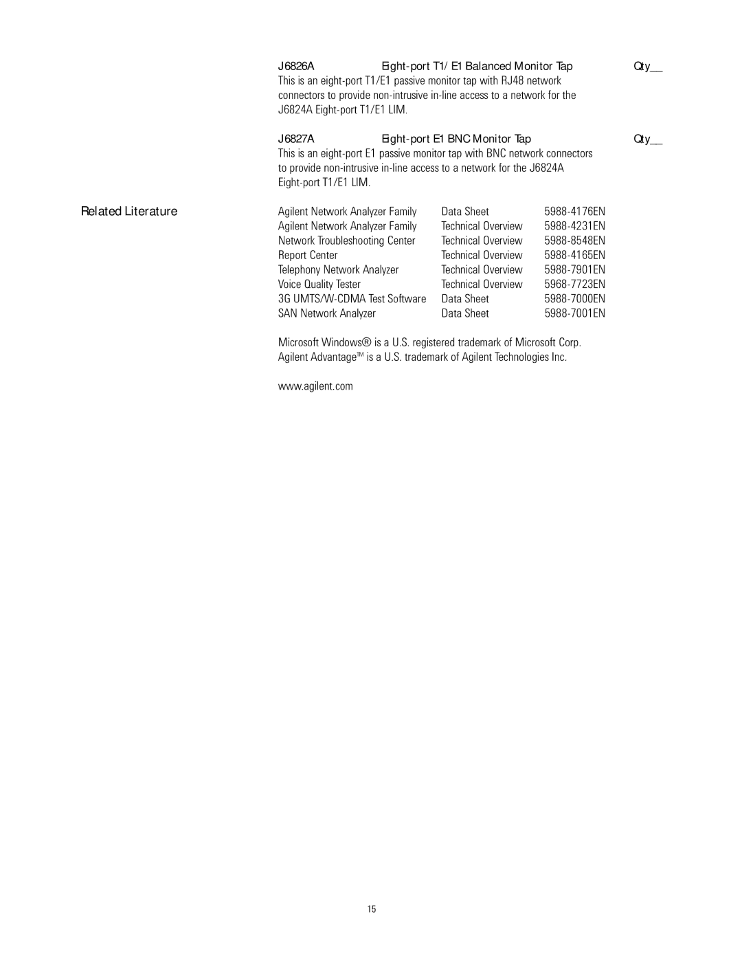 Agilent Technologies J6800A manual Related Literature, J6826A Eight-port T1/E1 Balanced Monitor Tap, J6827A 