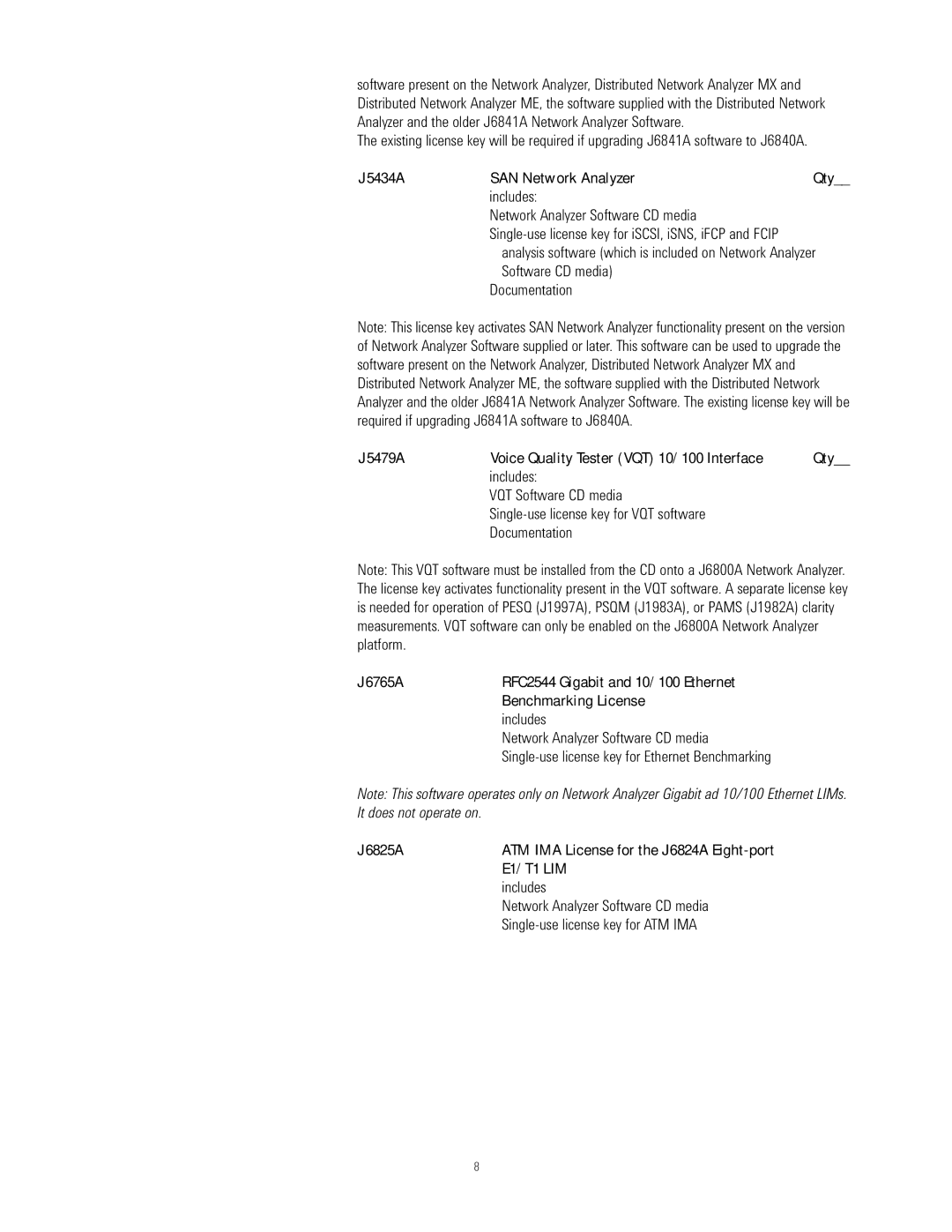 Agilent Technologies J6800A J5434ASAN Network AnalyzerQty, J5479AVoice Quality Tester VQT 10/100 Interface Qty, J6765A 