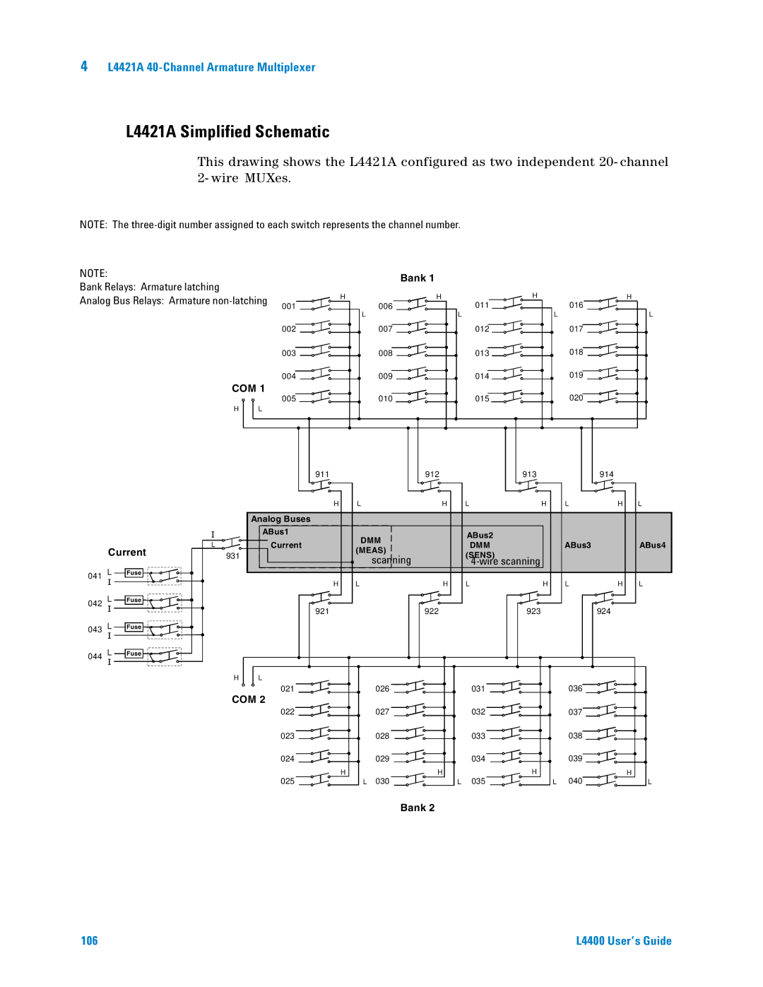 Agilent Technologies L4400 manual L4421A Simplified Schematic, Bank Relays Armature latching 