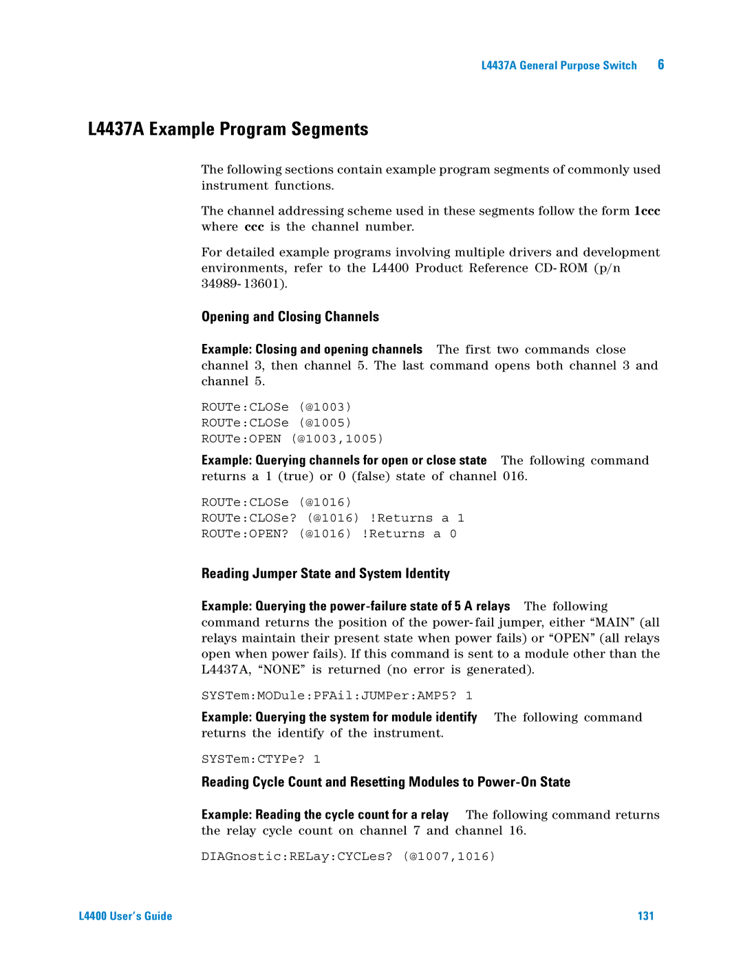 Agilent Technologies L4400 manual L4437A Example Program Segments, Reading Jumper State and System Identity 