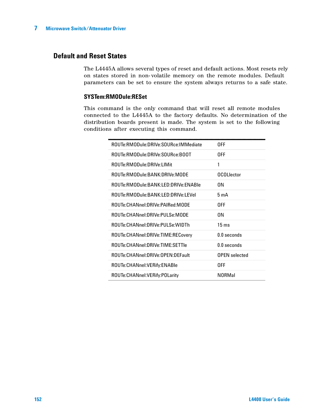 Agilent Technologies L4400 manual Default and Reset States, SYSTemRMODuleRESet 