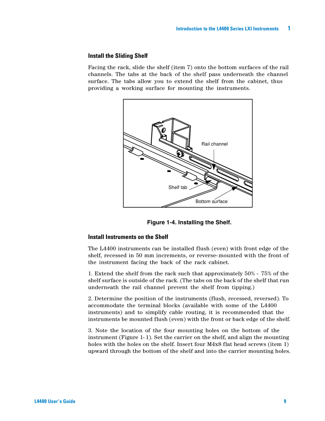 Agilent Technologies L4400 manual Install the Sliding Shelf, Install Instruments on the Shelf 