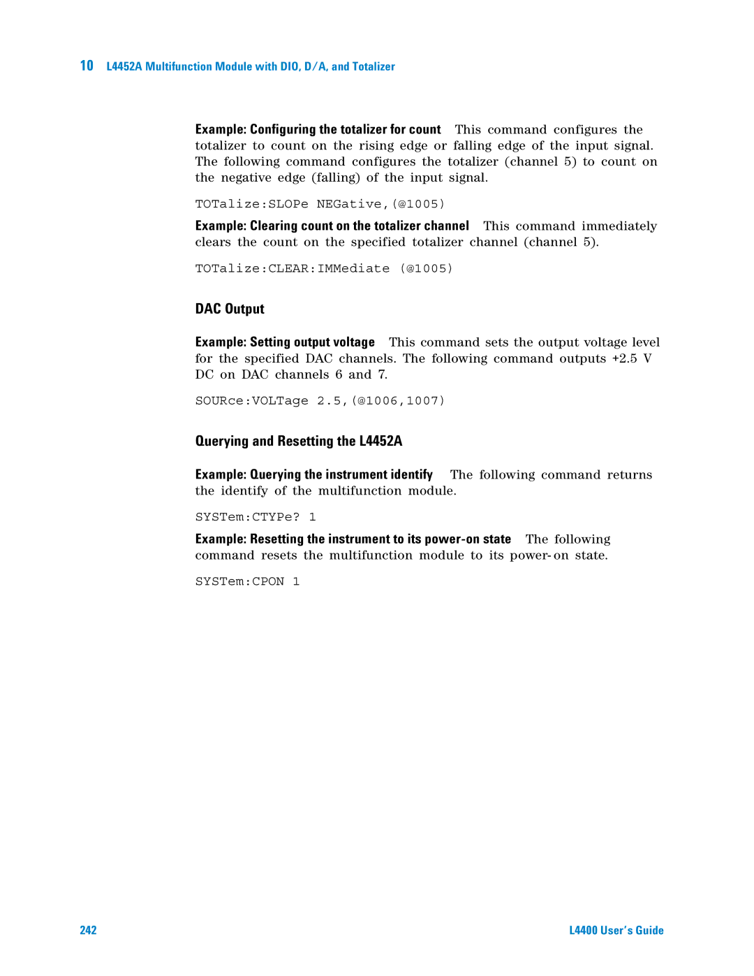 Agilent Technologies L4400 manual DAC Output, Querying and Resetting the L4452A 