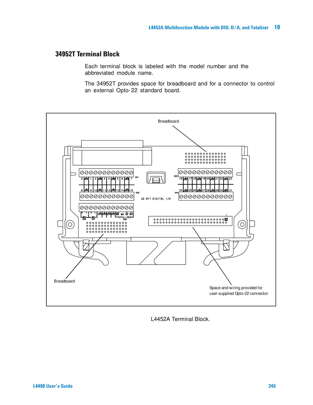 Agilent Technologies L4400 manual 34952T Terminal Block, L4452A Terminal Block 