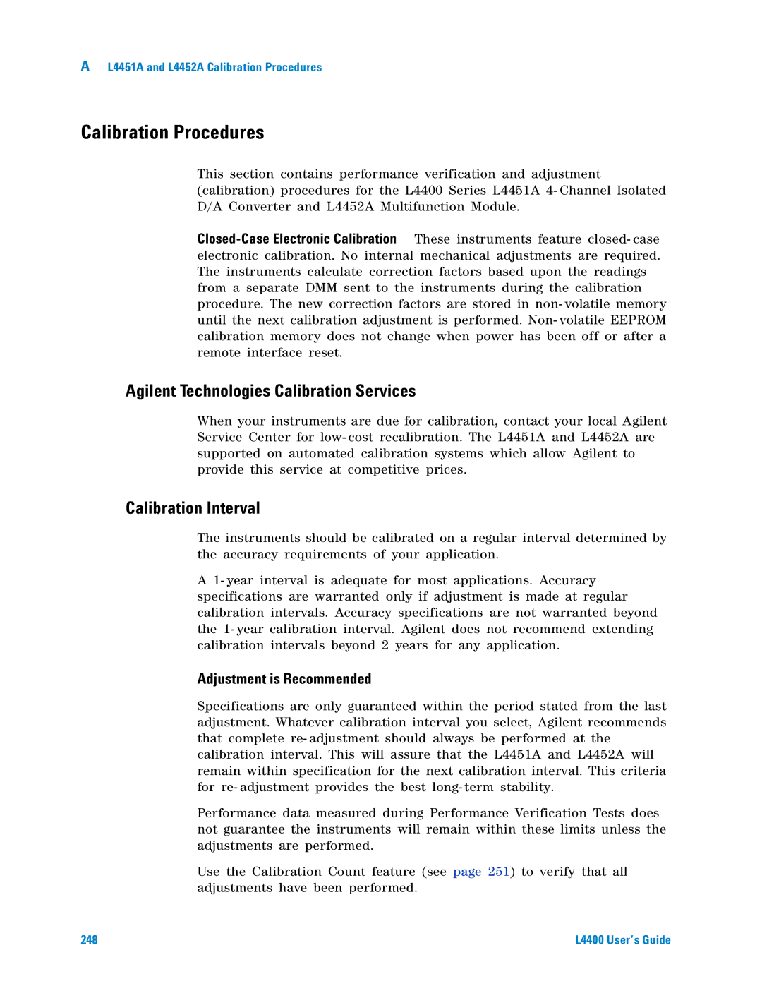 Agilent Technologies L4400 manual Calibration Procedures, Agilent Technologies Calibration Services, Calibration Interval 