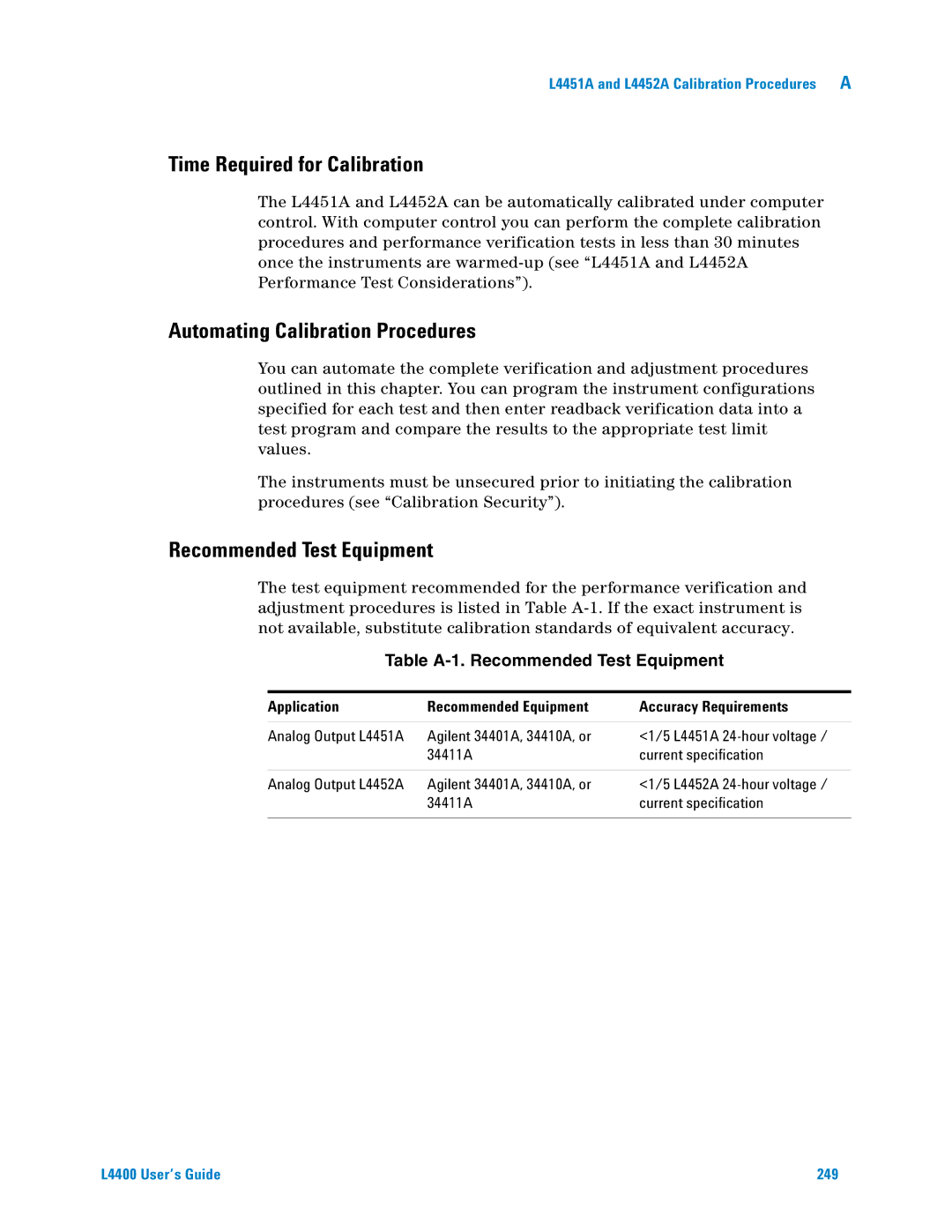 Agilent Technologies L4400 Time Required for Calibration, Automating Calibration Procedures, Recommended Test Equipment 