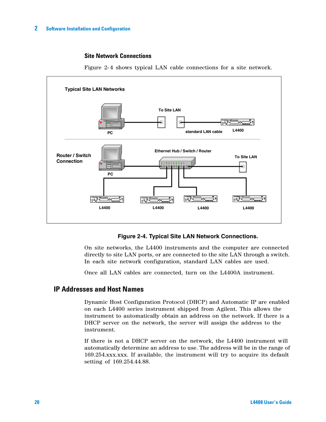 Agilent Technologies L4400 manual IP Addresses and Host Names, Site Network Connections 