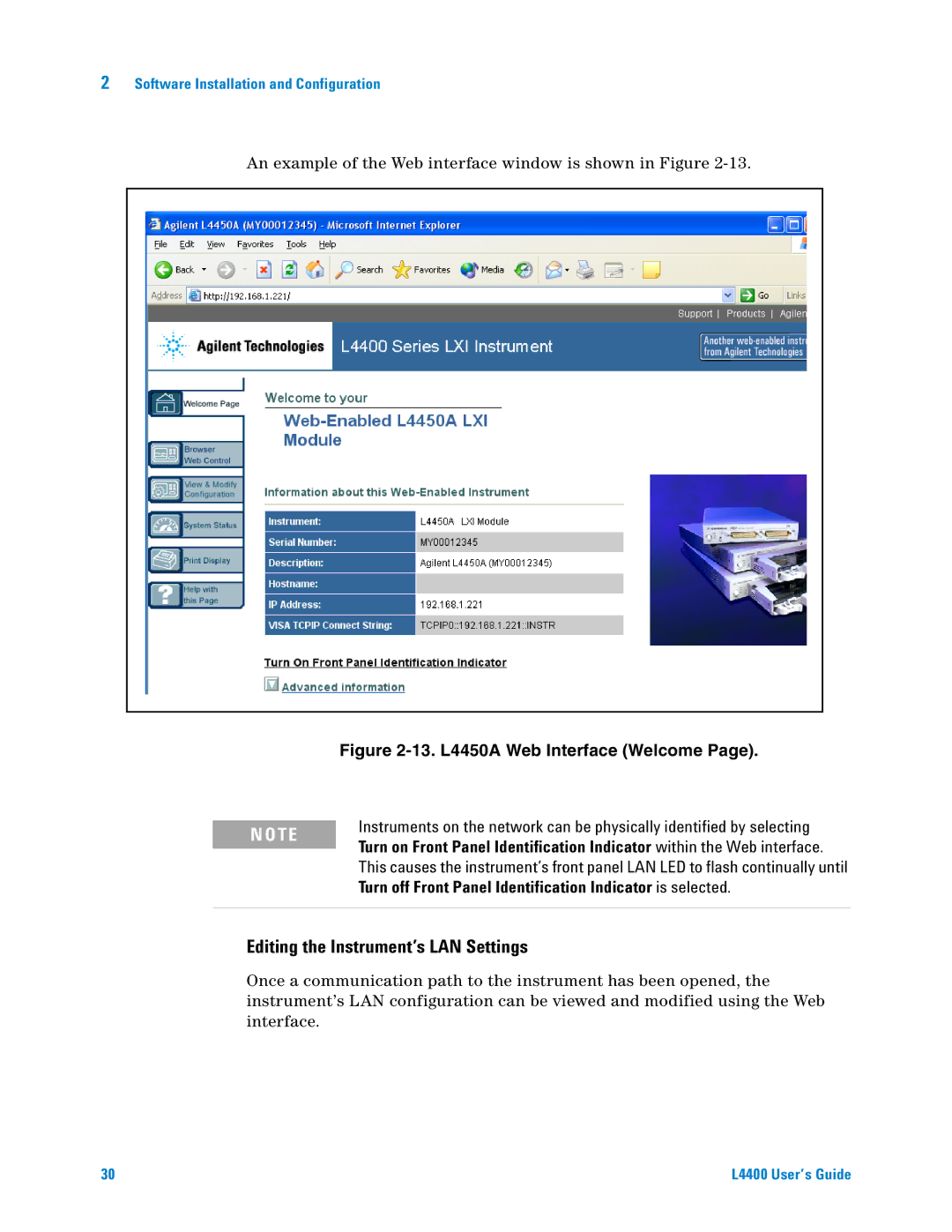 Agilent Technologies L4400 manual Editing the Instrument’s LAN Settings, 13. L4450A Web Interface Welcome 