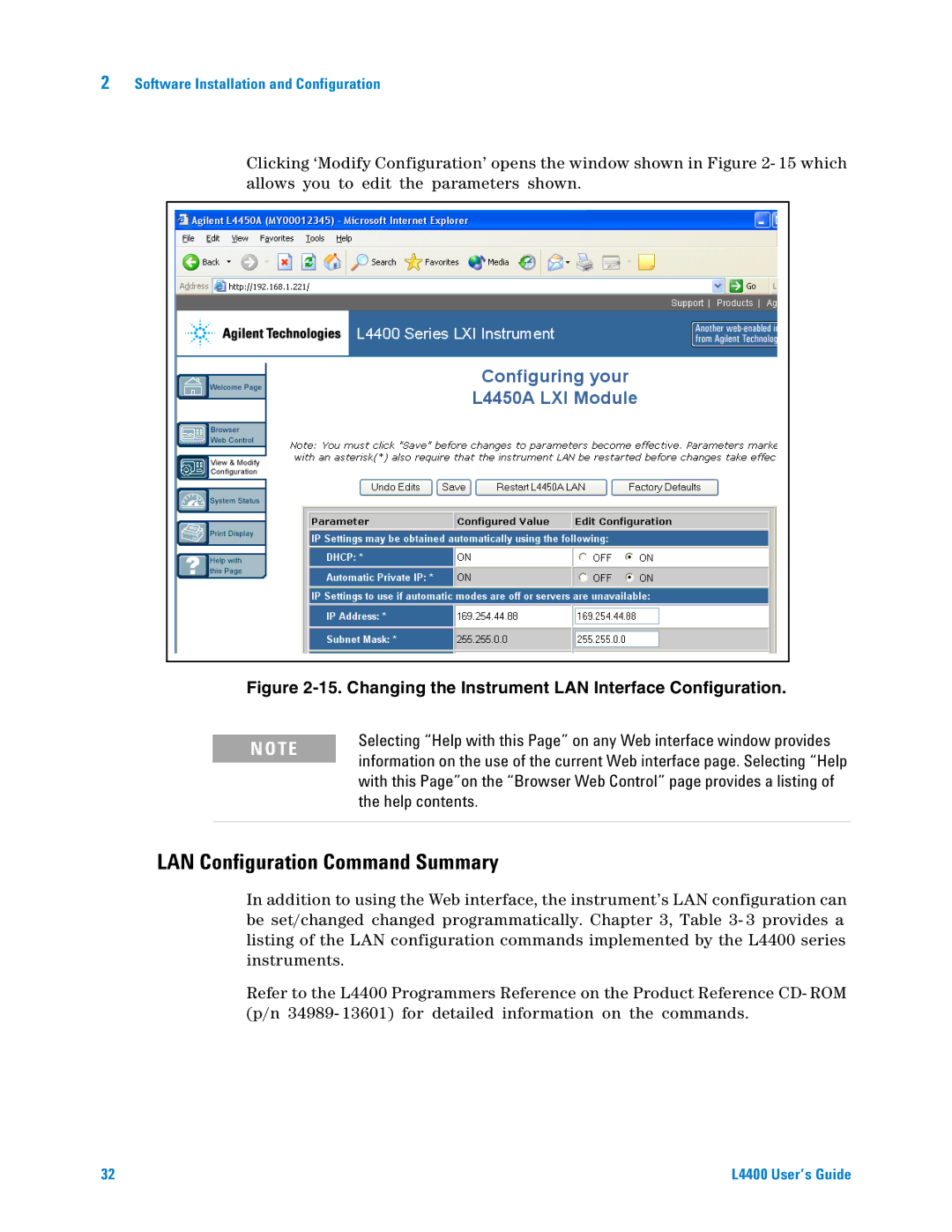 Agilent Technologies L4400 manual LAN Configuration Command Summary, Help contents 