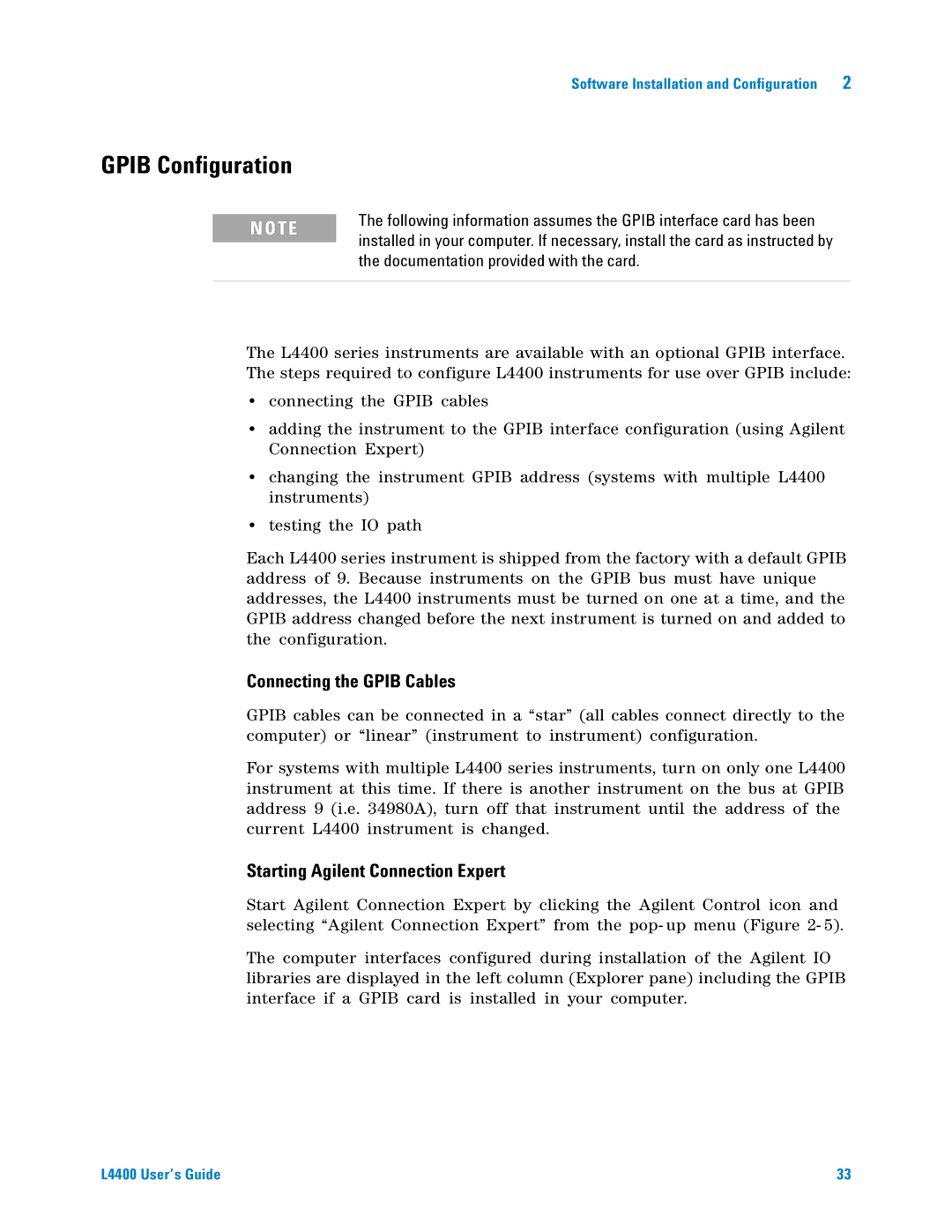 Agilent Technologies L4400 manual Gpib Configuration, Connecting the Gpib Cables, Starting Agilent Connection Expert 
