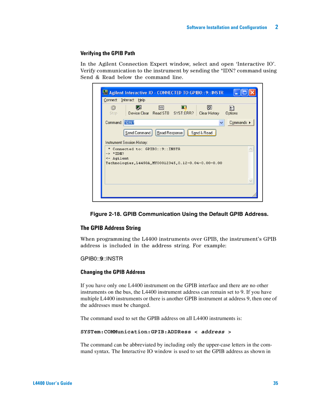 Agilent Technologies L4400 manual Gpib Address String, Verifying the Gpib Path, Changing the Gpib Address 