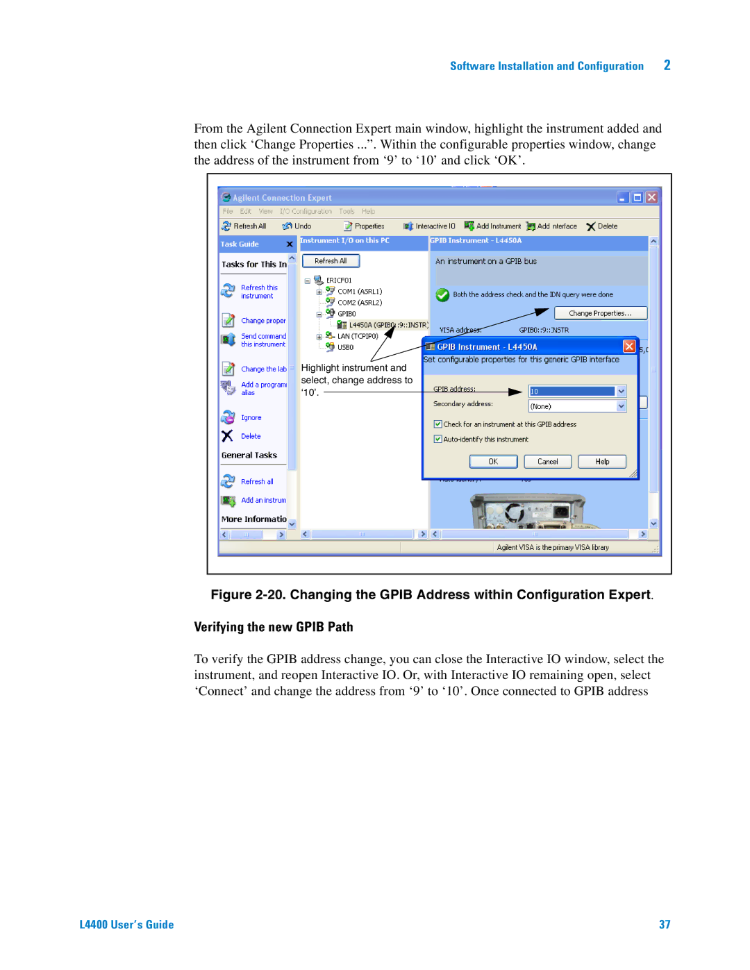 Agilent Technologies L4400 manual Verifying the new Gpib Path, Changing the Gpib Address within Configuration Expert 