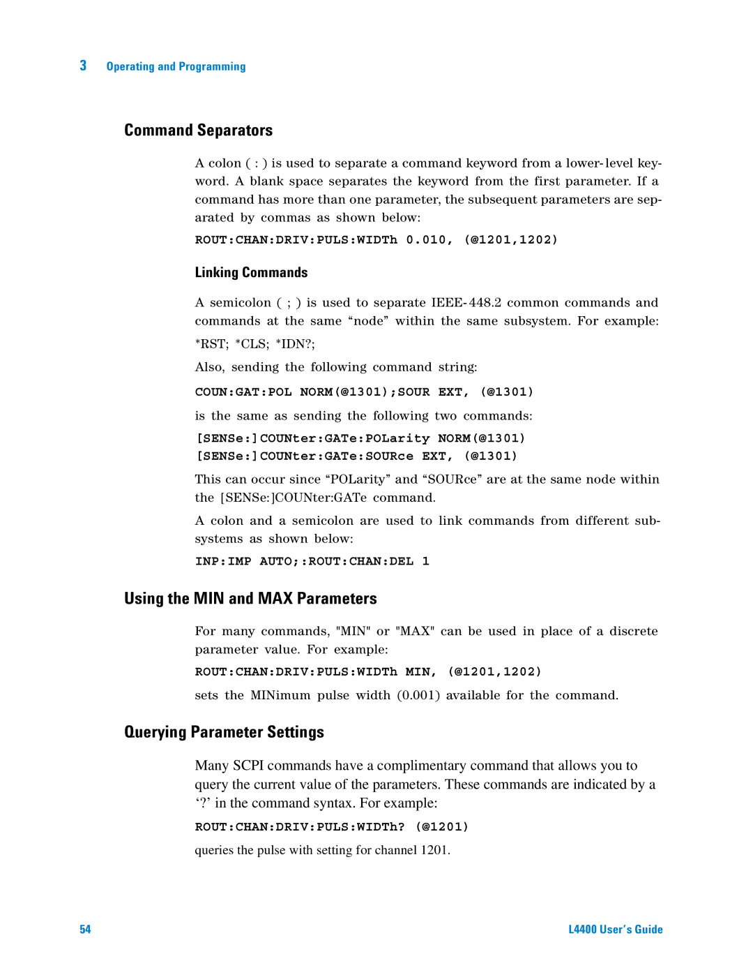Agilent Technologies L4400 manual Command Separators, Using the MIN and MAX Parameters, Querying Parameter Settings 
