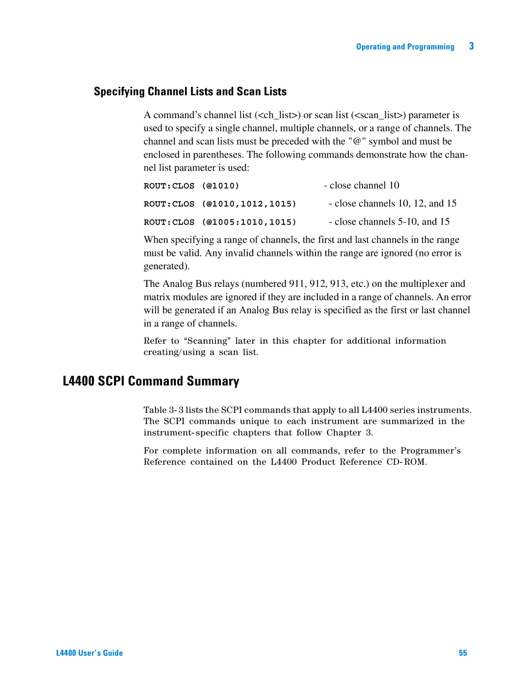 Agilent Technologies manual L4400 Scpi Command Summary, Specifying Channel Lists and Scan Lists 