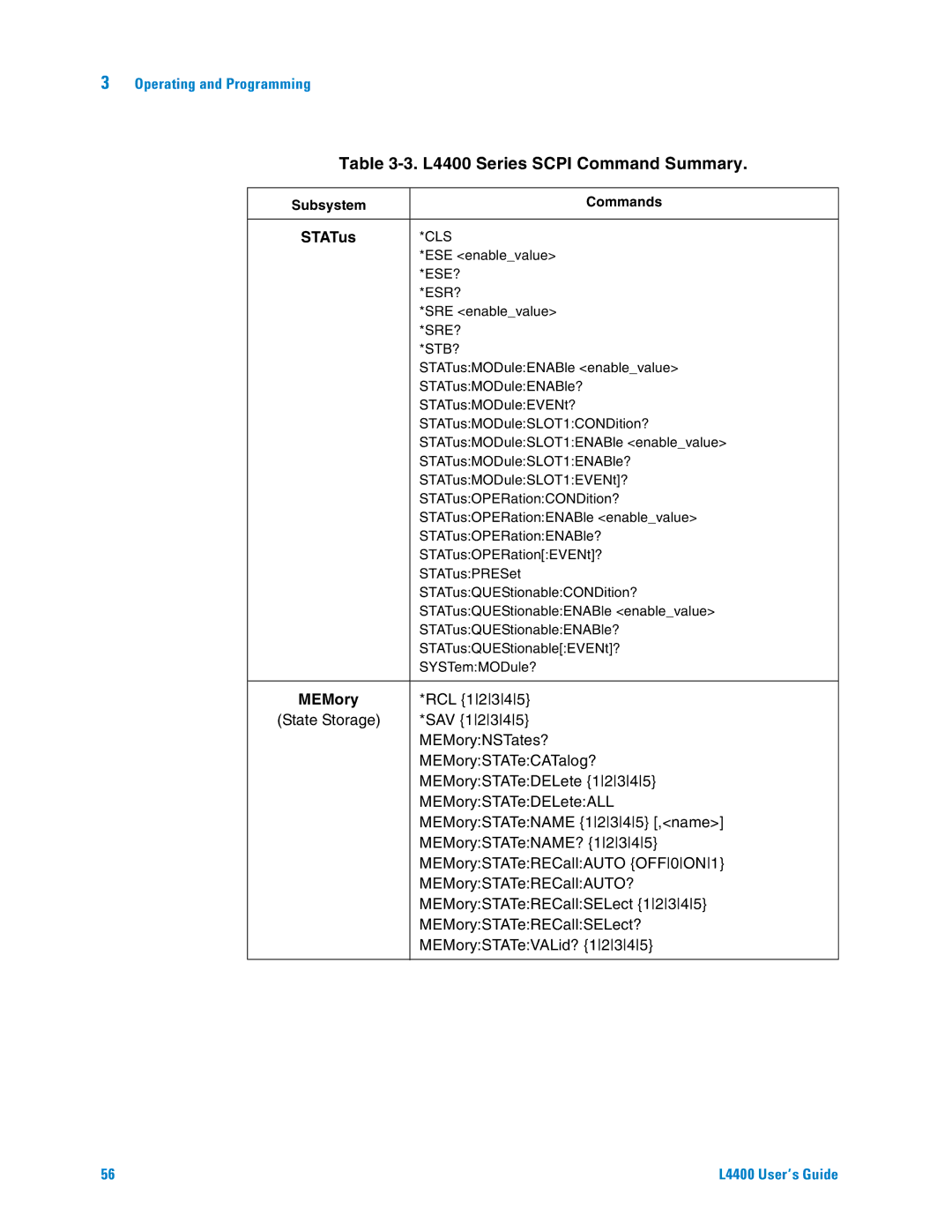 Agilent Technologies manual L4400 Series Scpi Command Summary, MEMory 