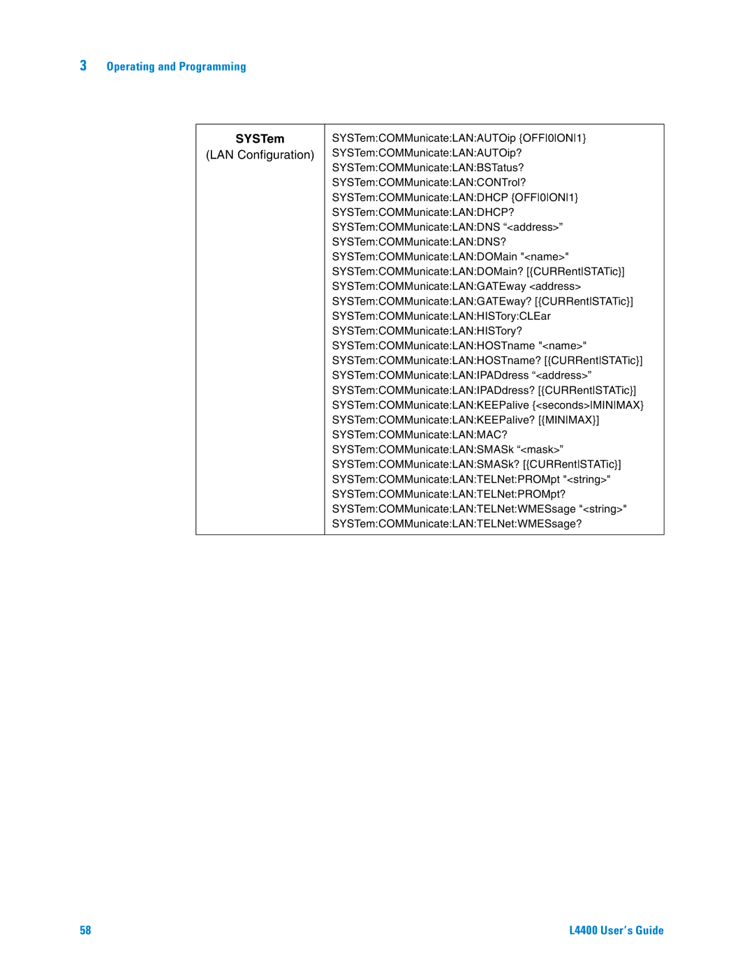 Agilent Technologies L4400 manual SYSTem, LAN Configuration 