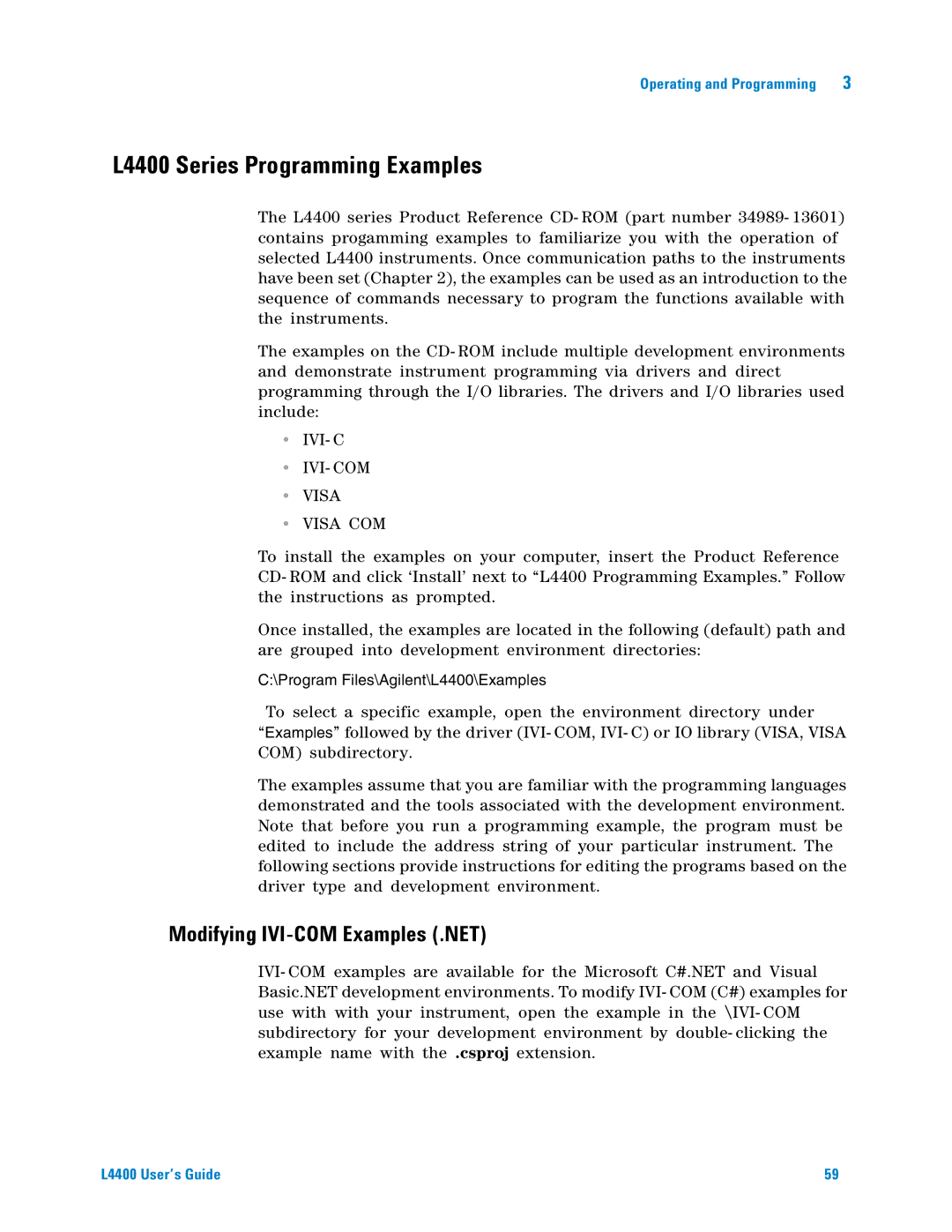 Agilent Technologies manual L4400 Series Programming Examples, Modifying IVI-COM Examples .NET 