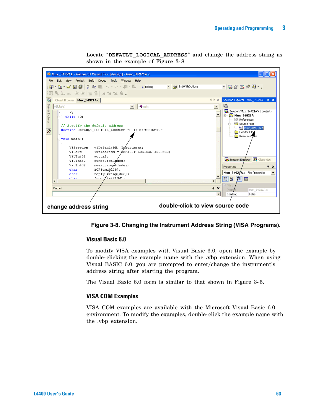 Agilent Technologies L4400 manual Visa COM Examples, Change address string Double-click to view source code 