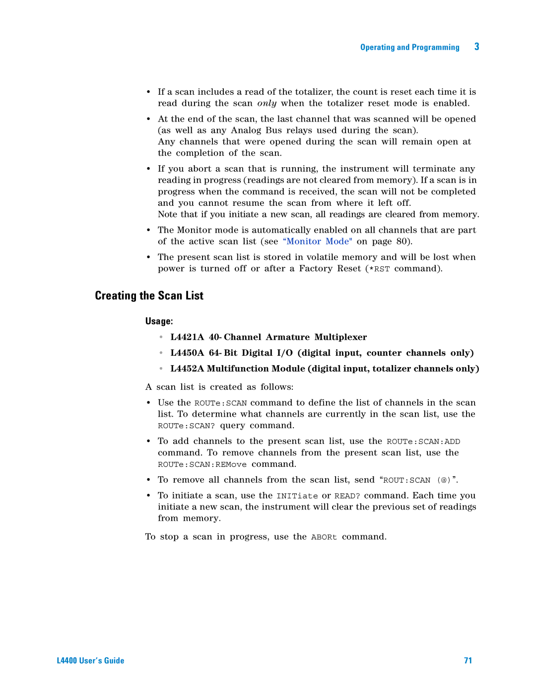 Agilent Technologies L4400 manual Creating the Scan List 