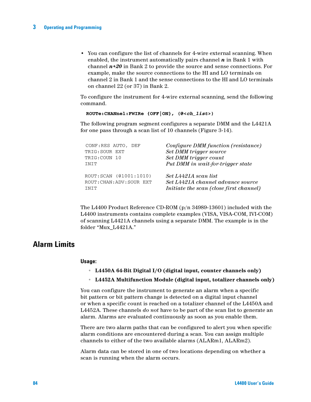 Agilent Technologies L4400 manual Alarm Limits, Initiate the scan close first channel 