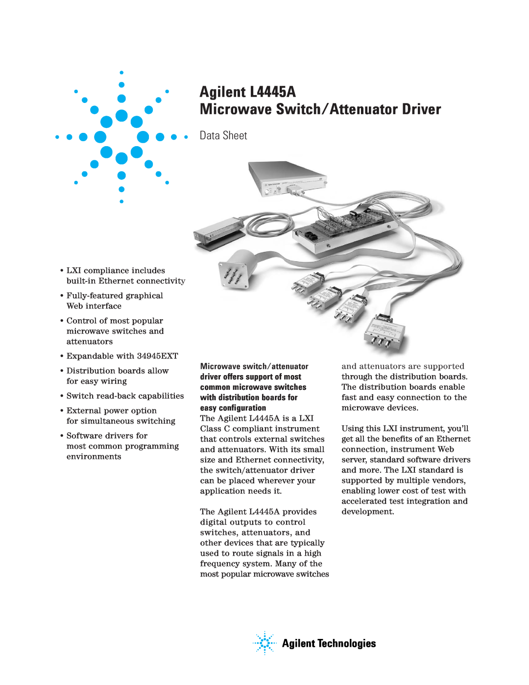 Agilent Technologies manual Agilent Technologies, Agilent L4445A Microwave Switch/Attenuator Driver, Data Sheet 