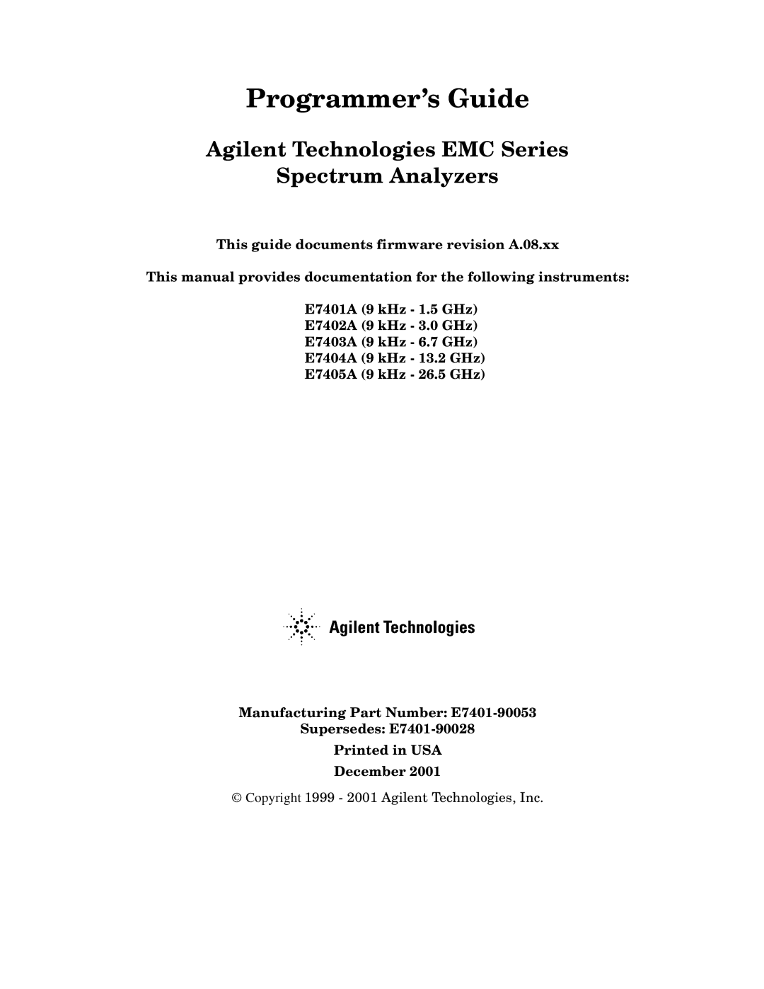 Agilent Technologies Model  A.08.xx manual Programmer’s Guide 