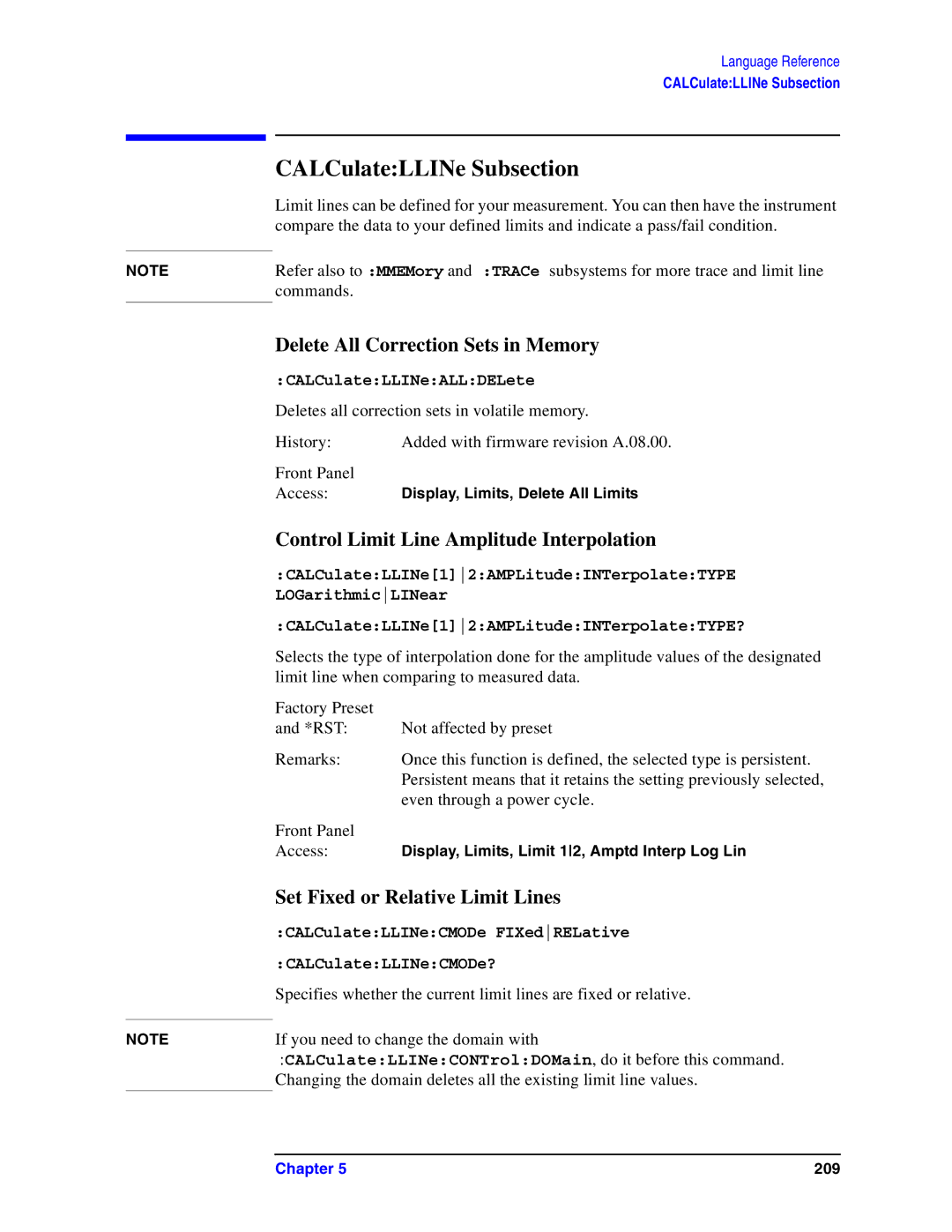 Agilent Technologies Model  A.08.xx manual CALCulateLLINe Subsection, Delete All Correction Sets in Memory 