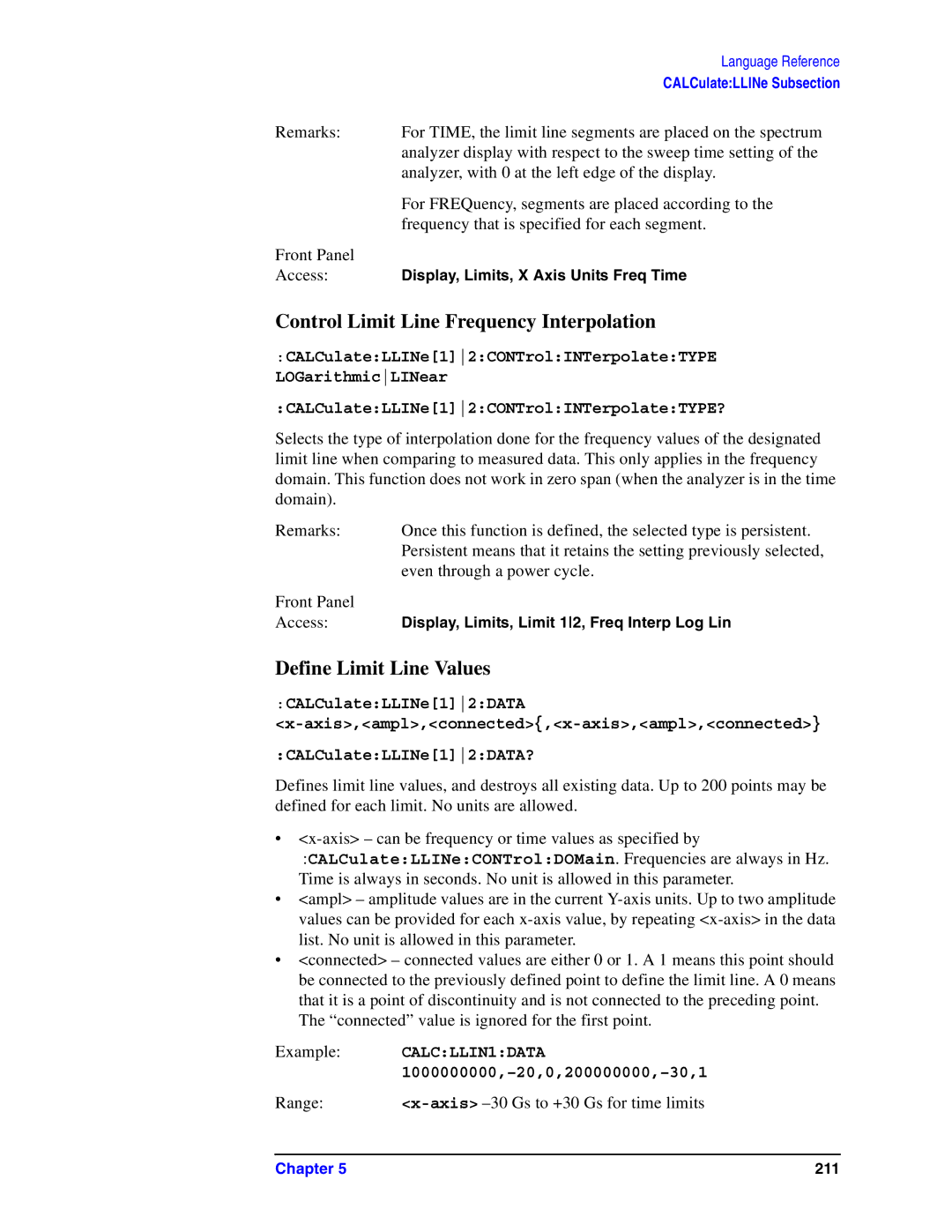 Agilent Technologies Model  A.08.xx manual Control Limit Line Frequency Interpolation, Define Limit Line Values 